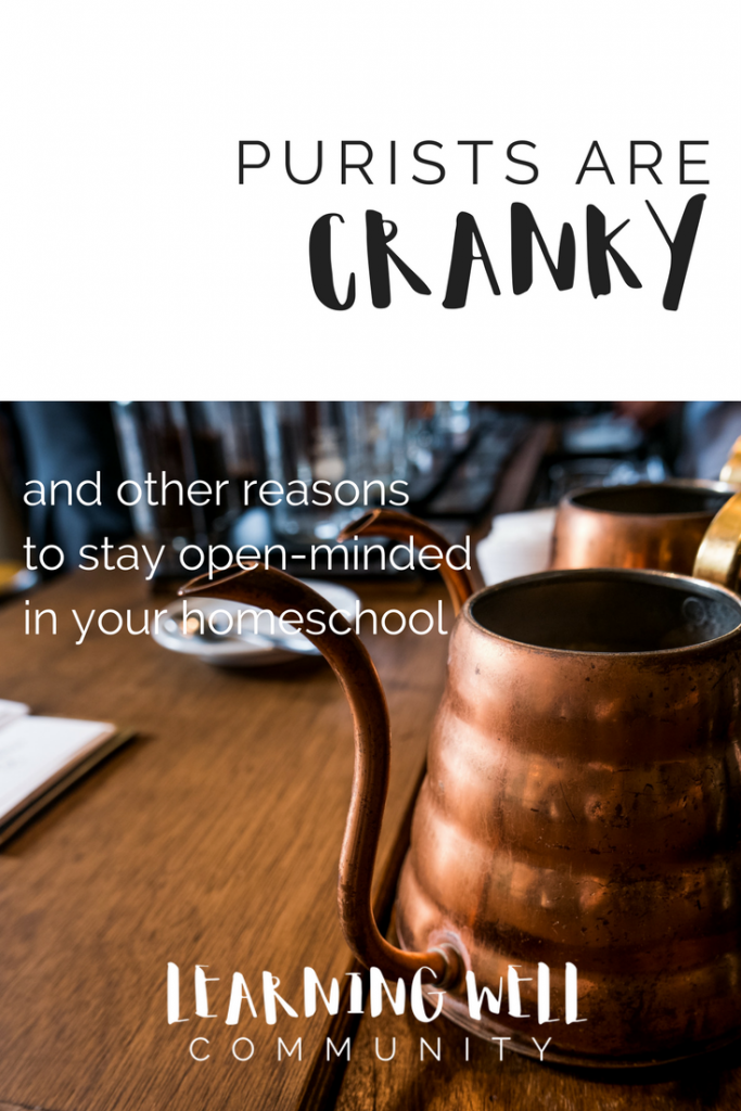 Homeschool purists can put themselves in a box. Seeing things in such harsh black and white can take away the beautiful colors that homeschooling gives you. Here's why purists are cranky...and why I don't want to be cranky.