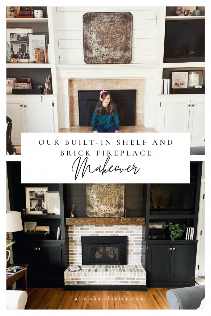 Come check out our brick fireplace makeover! We painted the surrounding built-ins, bricked the fireplace, and added a new mantel. 